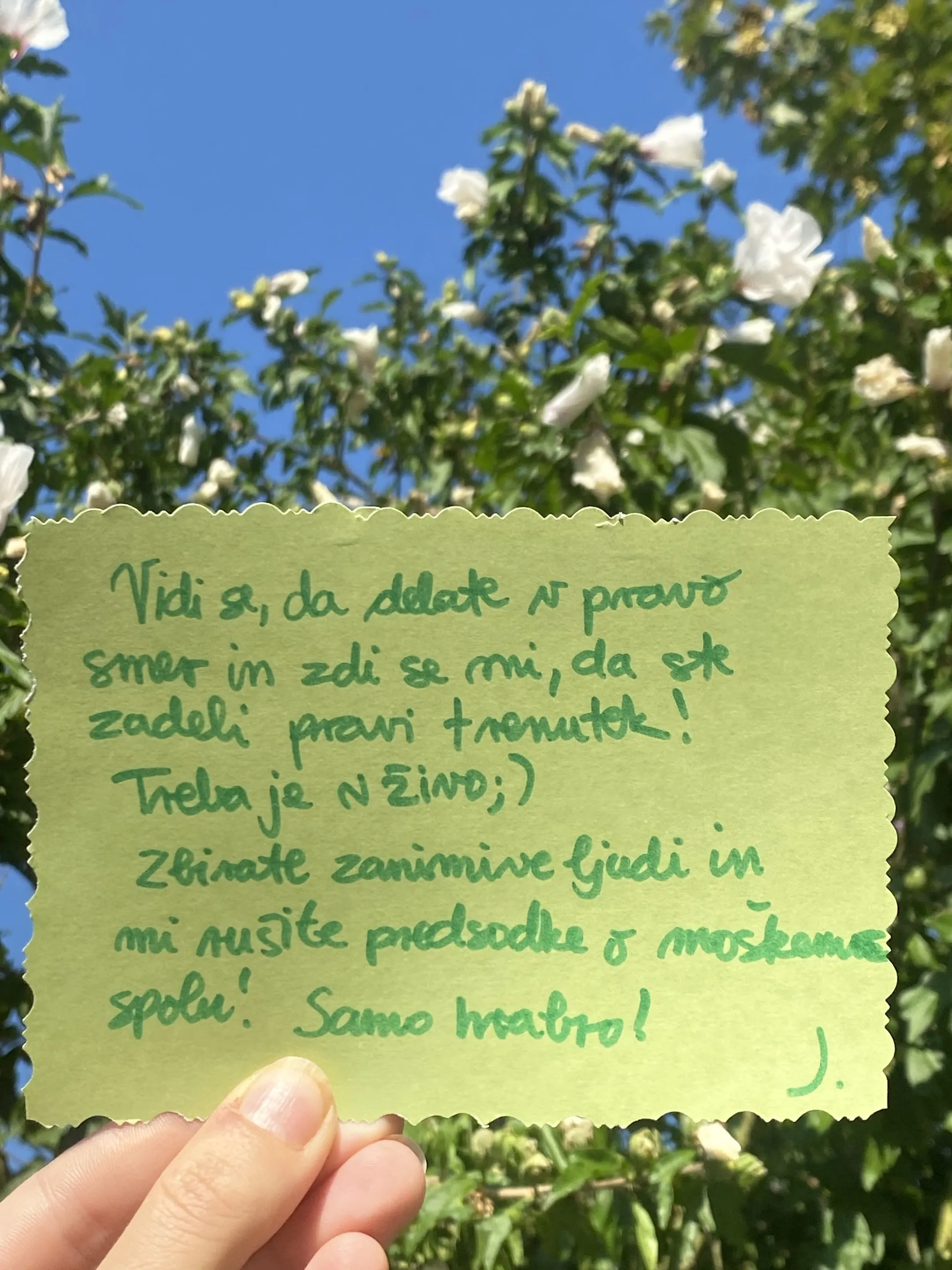 Listek z zahvalo: »Vidi se, da delate v pravo smer in zdi se mi, da ste zadeli pravi trenutek! Treba je v živo ;) Zbirate zanimive ljudi in mi rušite predsodke o moškem spolu! Samo hrabro!«